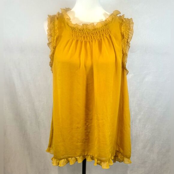Max Edition mustard yellow gold ruffle trim smocked top size medium - Picture 1 of 5